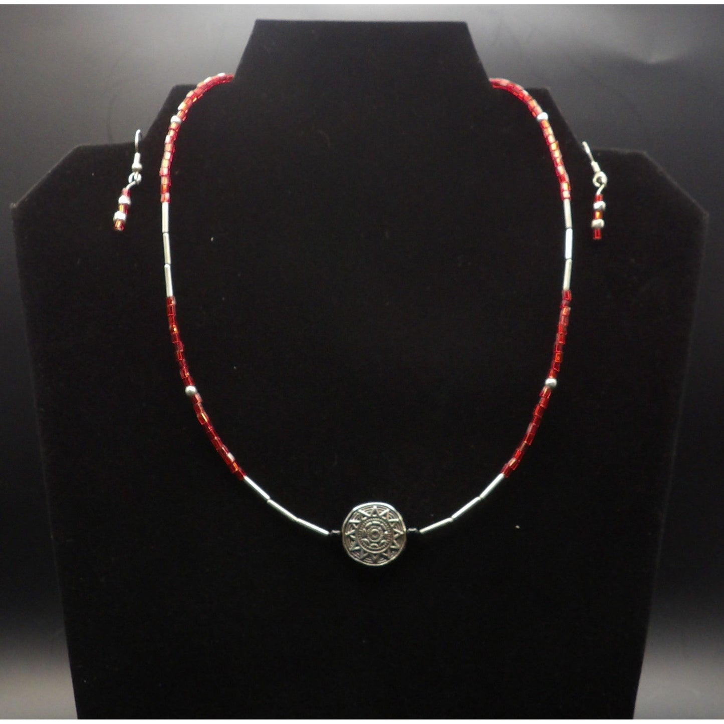 JS20 Red Crystal & Liquid Silver - Sunburst Medallion