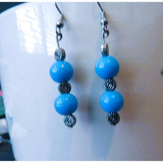 E8 - Blue "Turquoise" Glass Beads with Metal Spacers Earrings