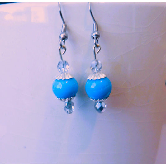 E24 - Blue "Turquoise" Glass Beads with Crystal Beads Earrings