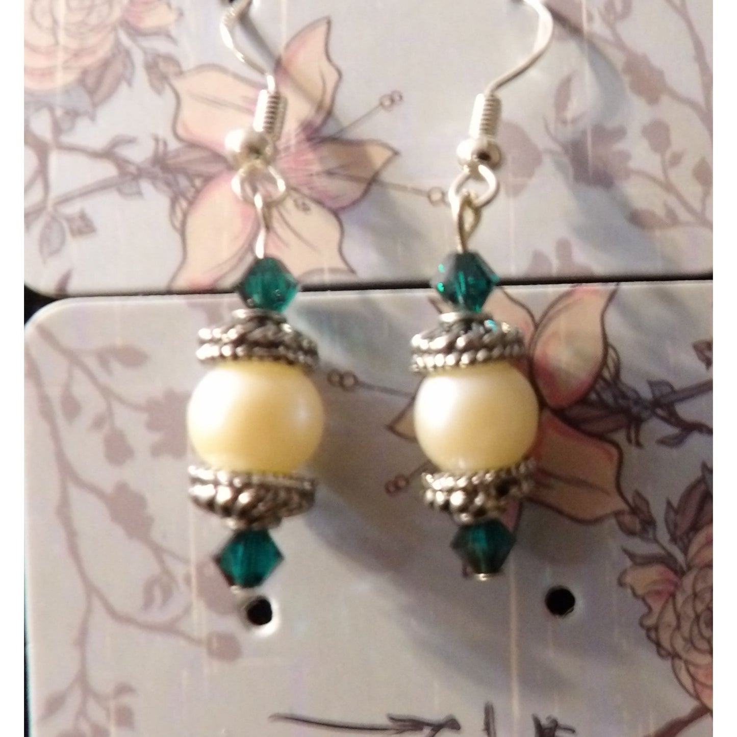 Pearls with Teal Green Crystals Earrings