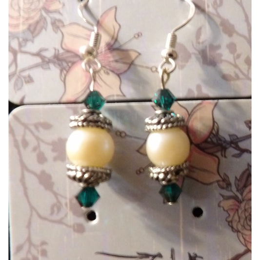 Pearls with Teal Green Crystals Earrings