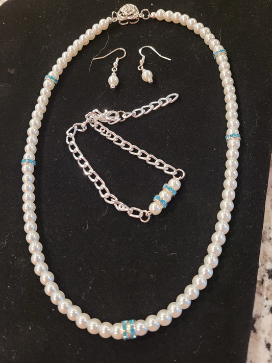 Bridal Set - Czech Glass Pearls with Topaz Blue Rhinestones