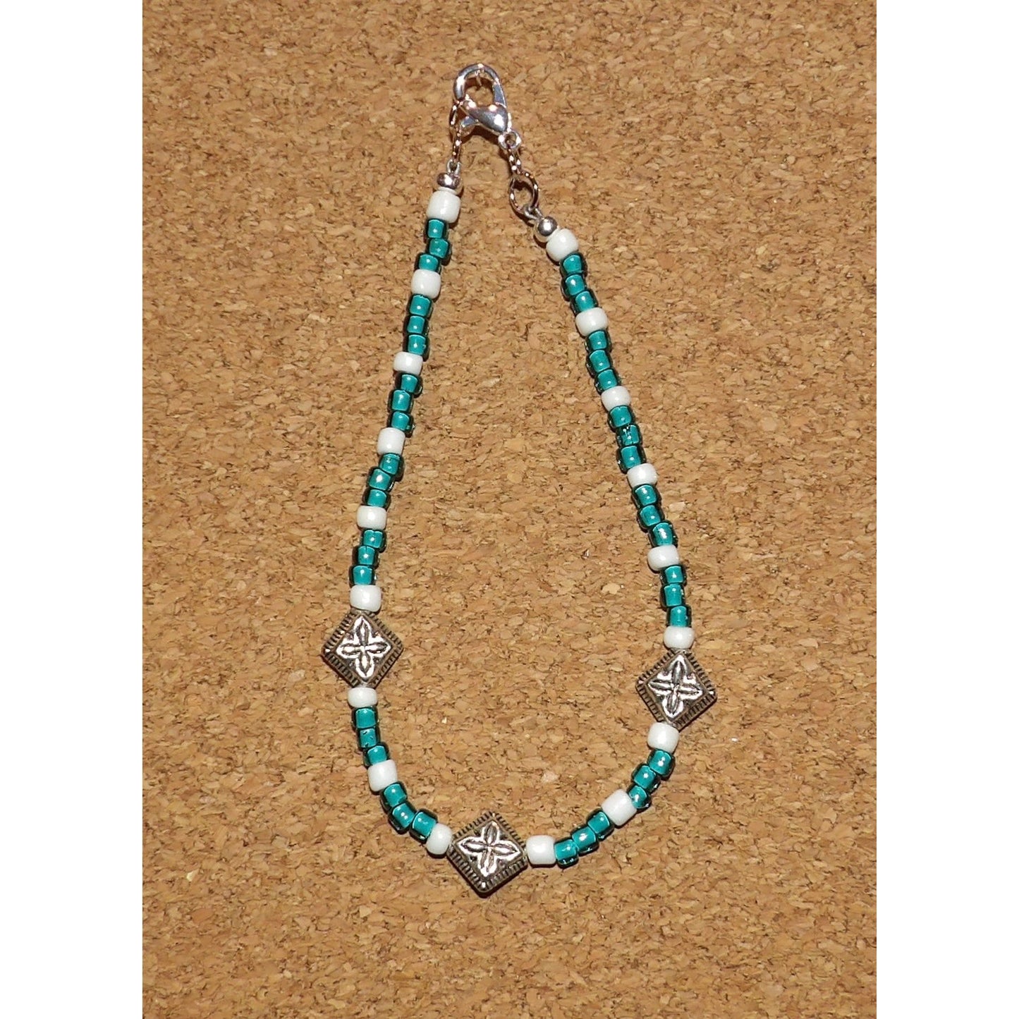 A11 Blue and White  Anklet with silver metal medallions