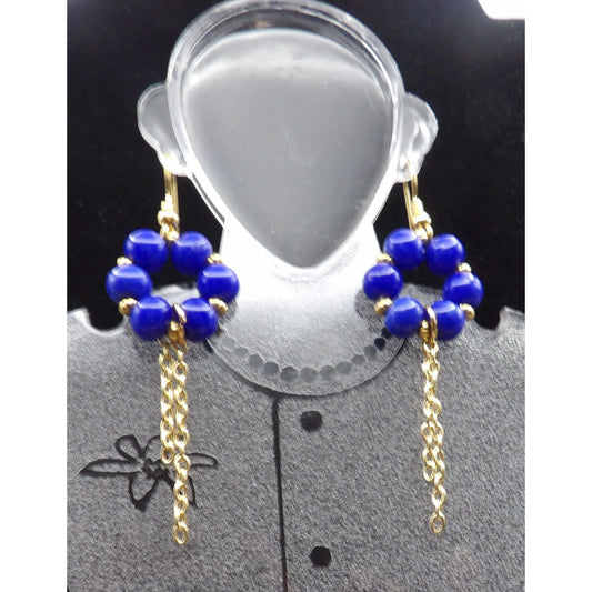 E15 - Dark Blue Glass Beads Flower Design with chains - Earrings