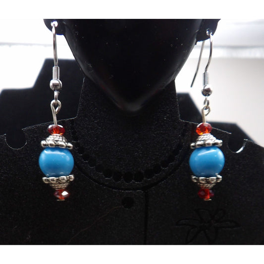 E12 - Blue "Turquoise" Glass Bead with Red Crystals Earrings