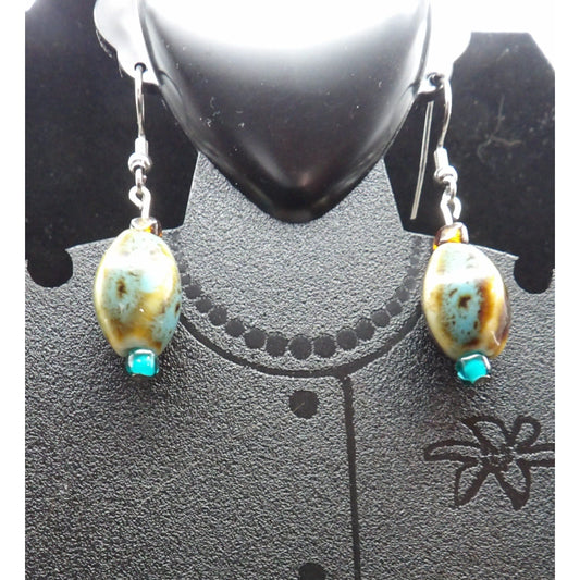 Brown and Blue Oval Stones with blue bead Earrings