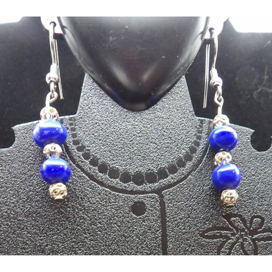 E10 - Dark Blue Glass Beads with silver (sp) Spacers - Earrings