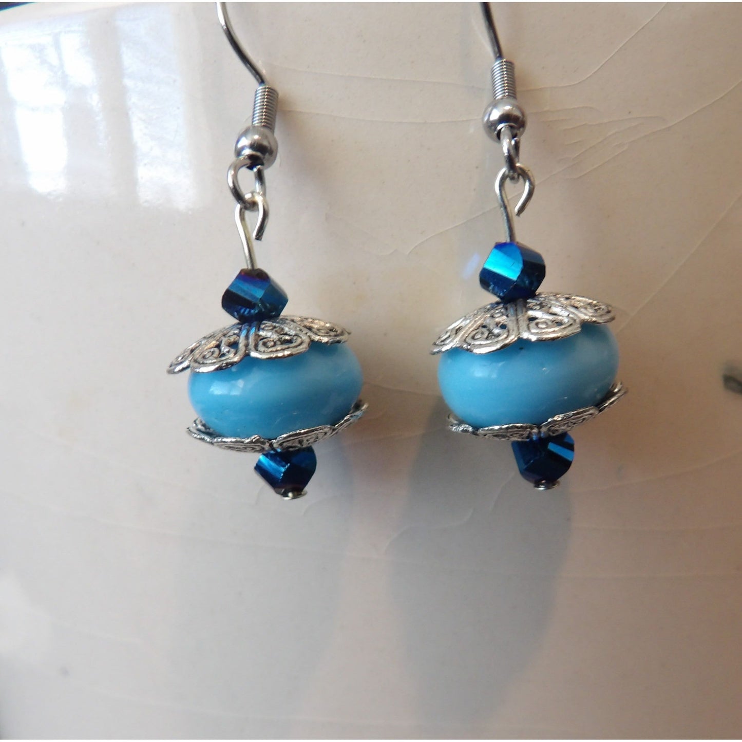 E14 - Blue "Turquoise" Oval Glass Beads with Blue Sapphire Crystals
