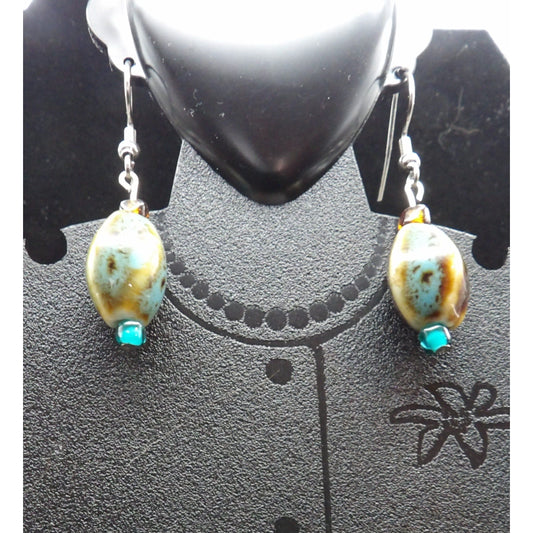 E28  Brown and Blue Oval Stones with blue bead Earrings
