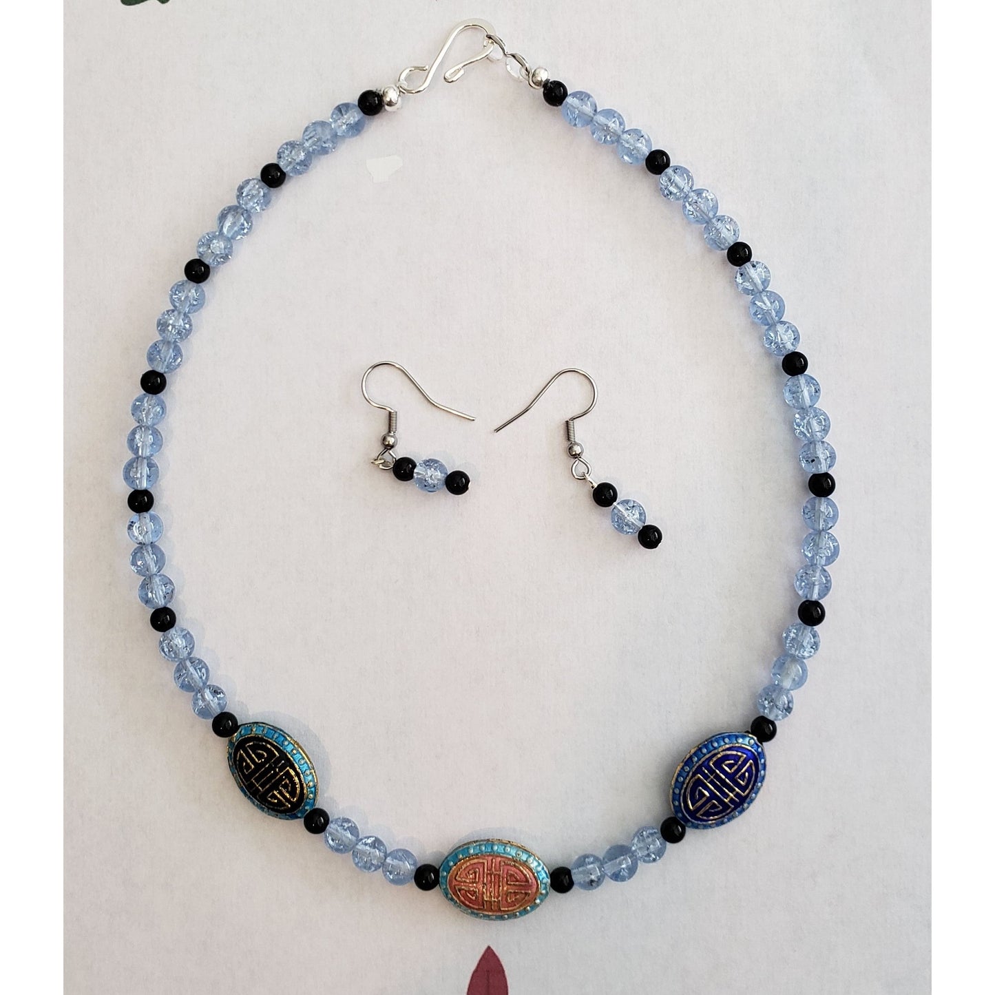 JS15 Oriental Style Enamel Beads and Blue Crystals Set
