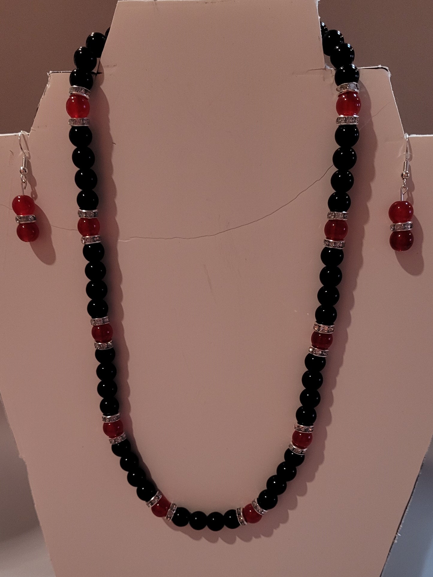 JS2  Black and Red Czech Glass Beads with Matching Earrings