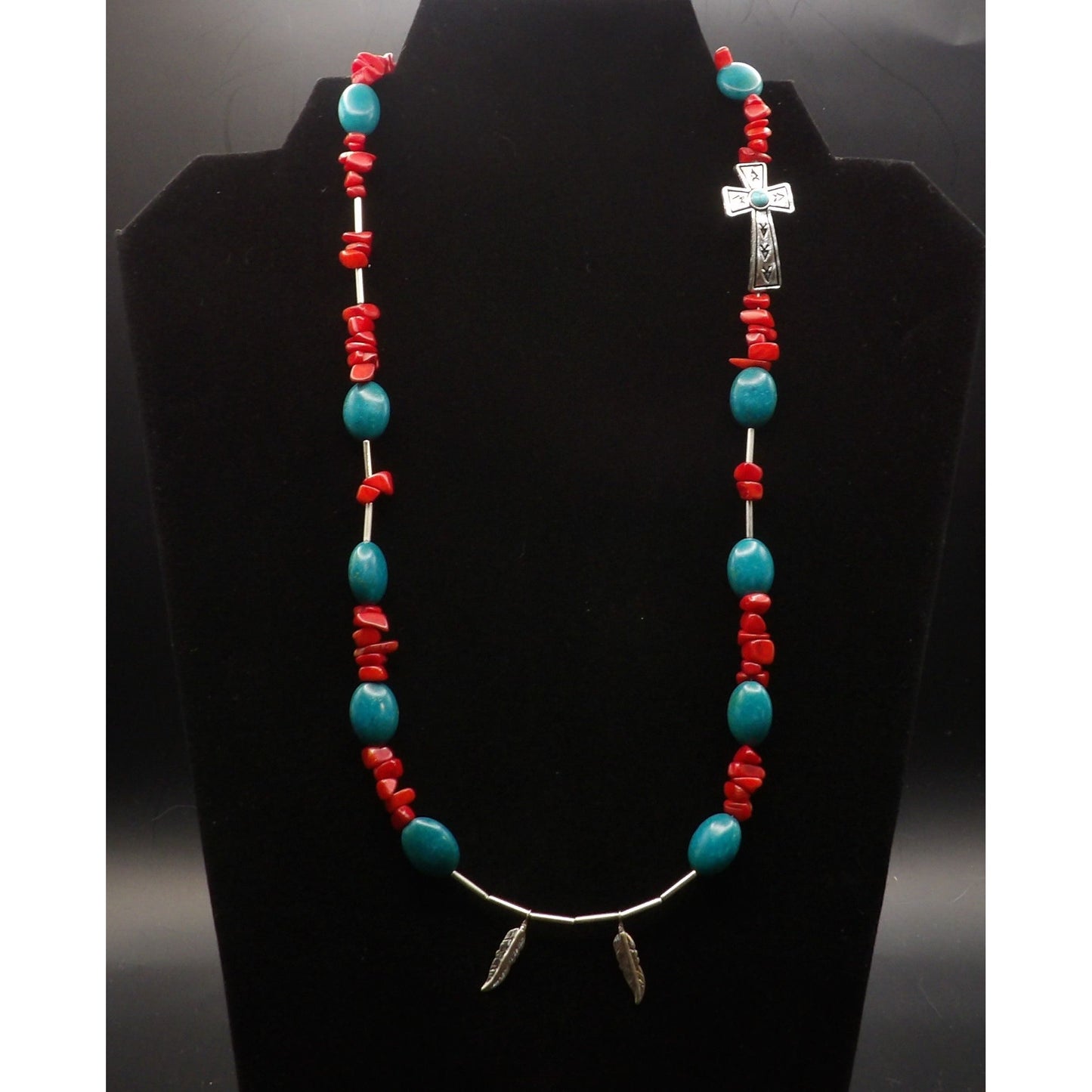 N4 - Cross with Green "turquoise" Stones with Red Coral Chips