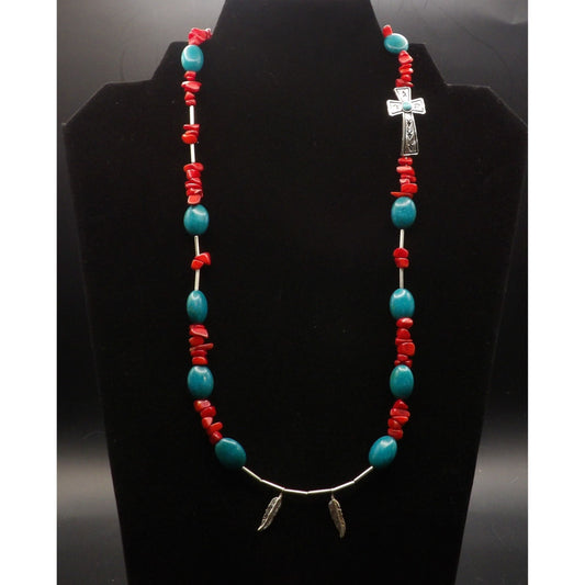 N4 - Cross with Green "turquoise" Stones with Red Coral Chips