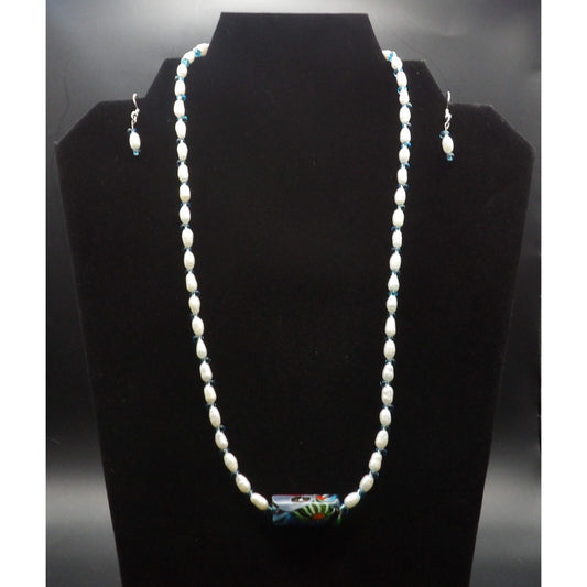 Pearl Necklace with colorful bead & Matching Earrings