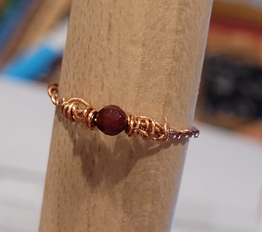 R - Garnet Copper Wire Wrapped Ring