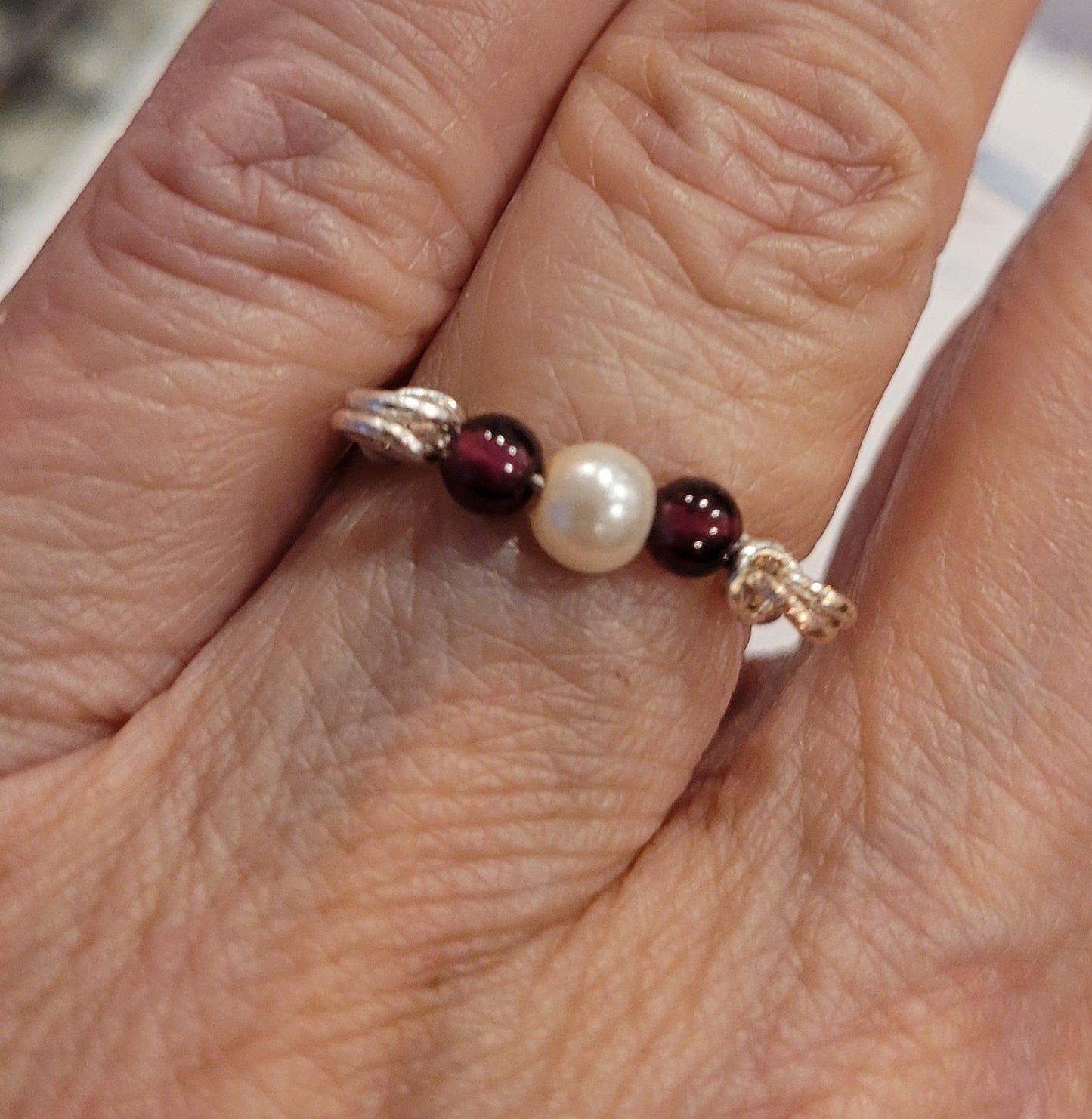 R - Pearl & Garnet Wire Wrapped Ring