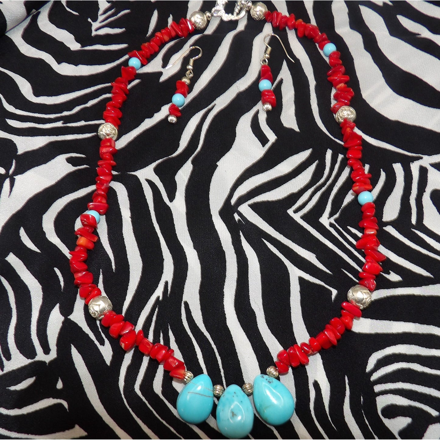 Teardrop Turquoise Stones, Red Coral Chips and silver beads