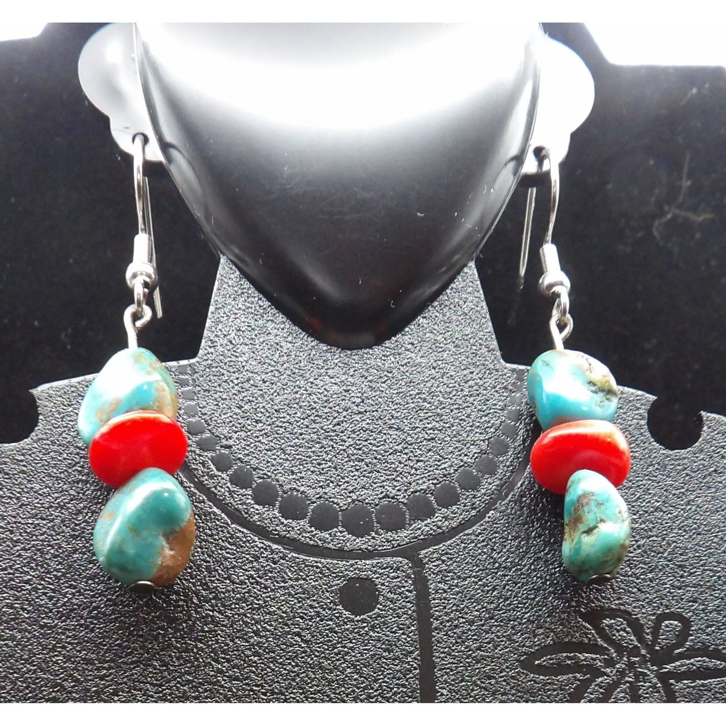 E5 - Green and Blue Turquoise Stones with Coral Chips Earrings