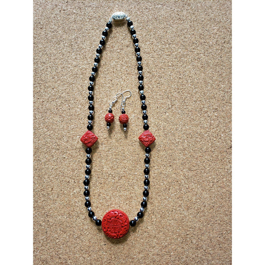 Chinese Cinnabar and Black Onyx with Matching Earrings