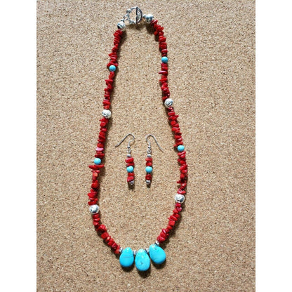 Teardrop Turquoise Stones, Red Coral Chips and silver beads